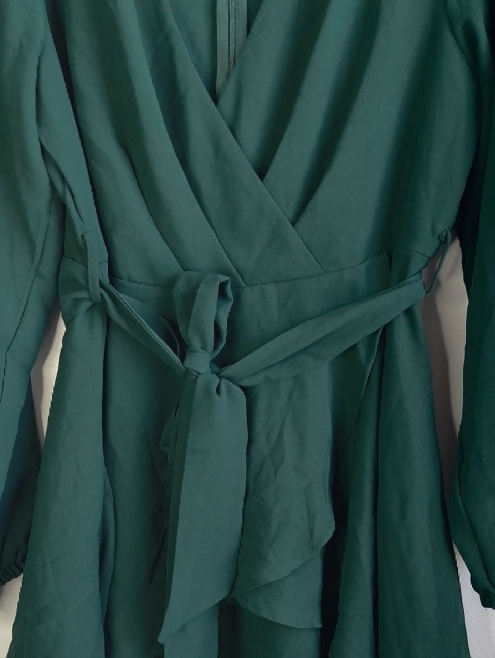 Deep Green Long Sleeve Wrap Dress with Waist Tie - Picture 3 of 6
